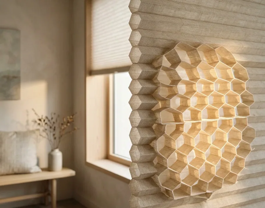 Cut-away of a cellular honeycomb blind showing the insulating air cells inside the fabric