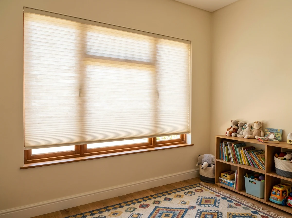 Cellular honeycomb blind lowered over a kids' bedroom window, soft diffused daylight through the cells