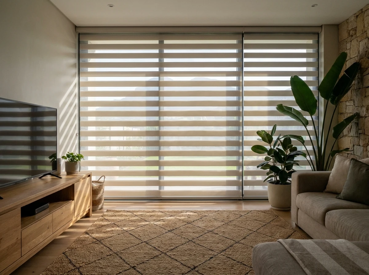 Day/night blind with alternating sheer and solid bands across a TV-room window in a Featherbrooke Estate home