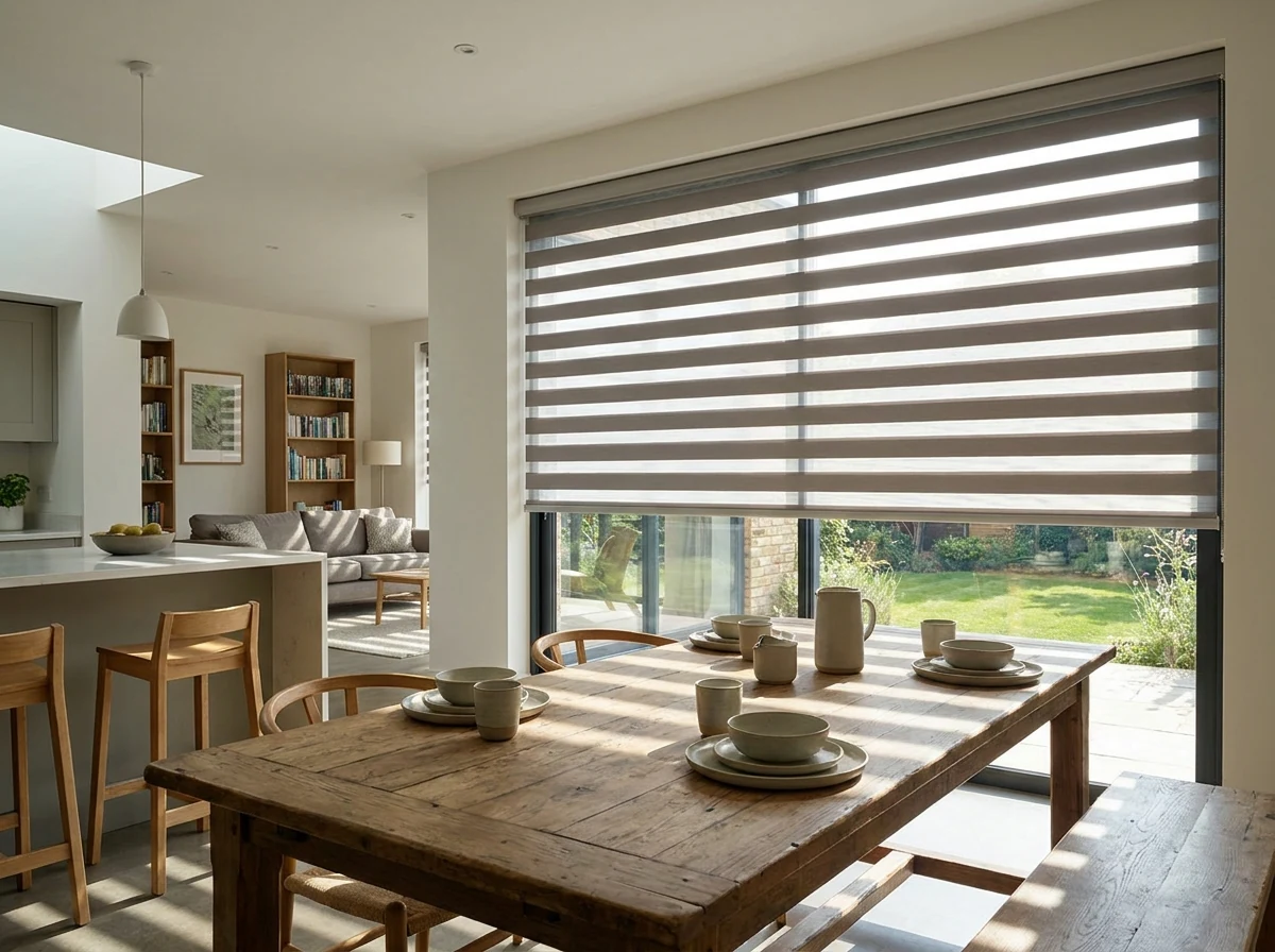 Day/night blind with alternating sheer and solid bands across a dining-area window in a Northcliff family home