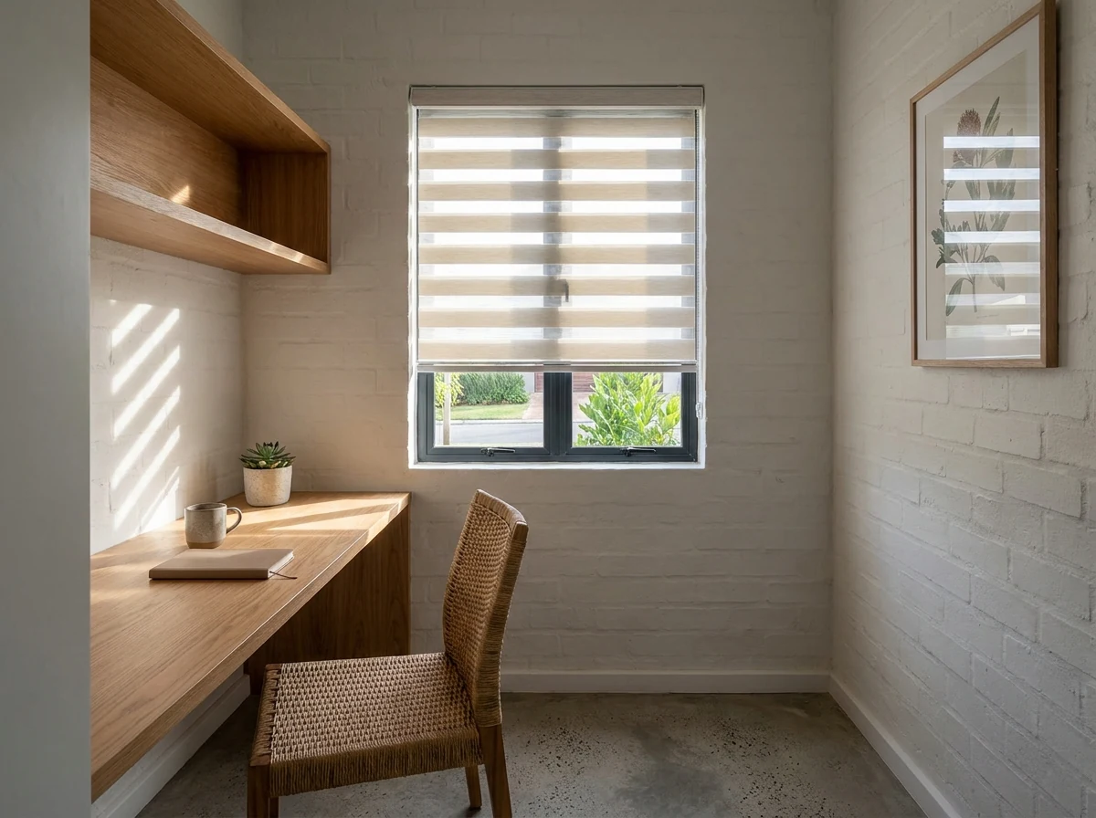 Day/night blind with alternating sheer and solid bands across a study-nook window in a Featherbrooke Estate home