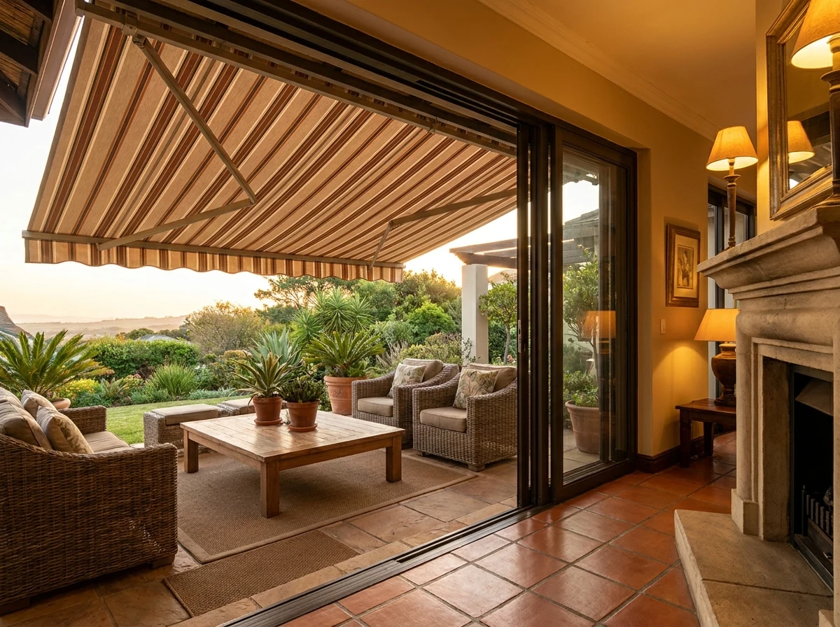 Folding-arm awning extended over a patio lounge, viewed from inside through open sliding doors
