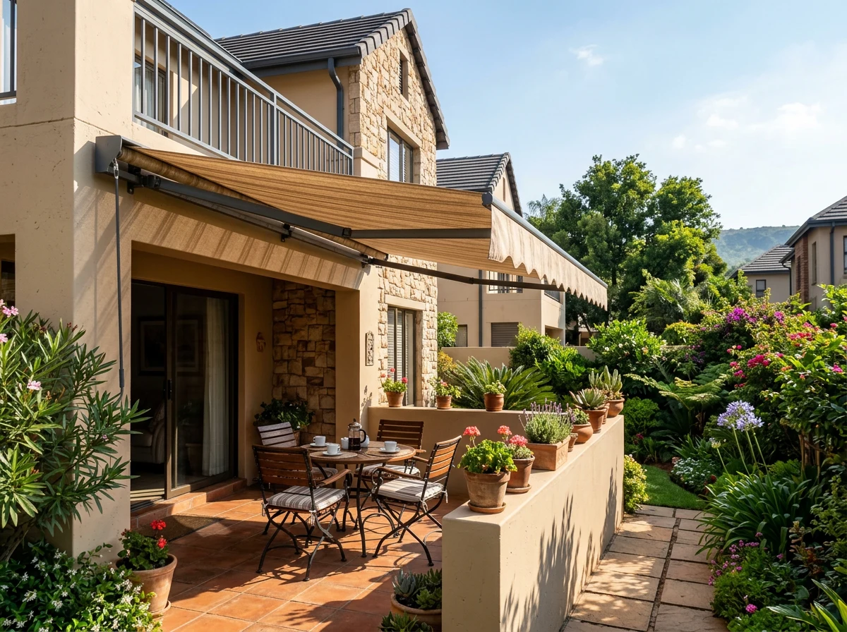 Folding-arm awning extended over a compact patio seating area against a low garden wall