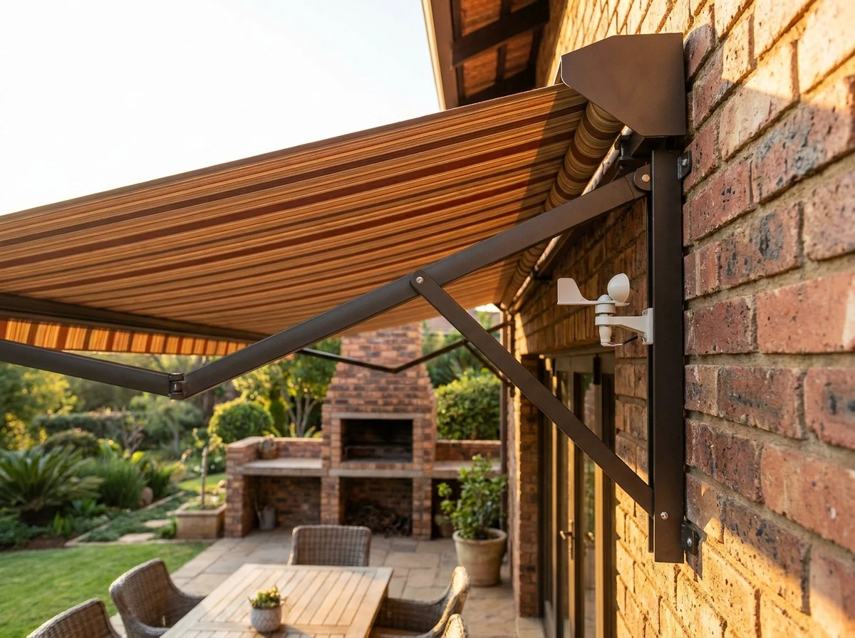 Close-up of a folding-arm awning's arm and wind sensor extending over a braai patio at a Featherbrooke Estate home in late-afternoon light