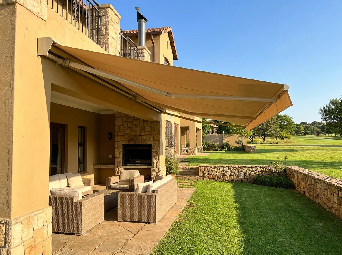 A folding-arm awning extended over a covered patio and braai area at a Featherbrooke Estate home, shading outdoor seating with parkland beyond the garden wall
