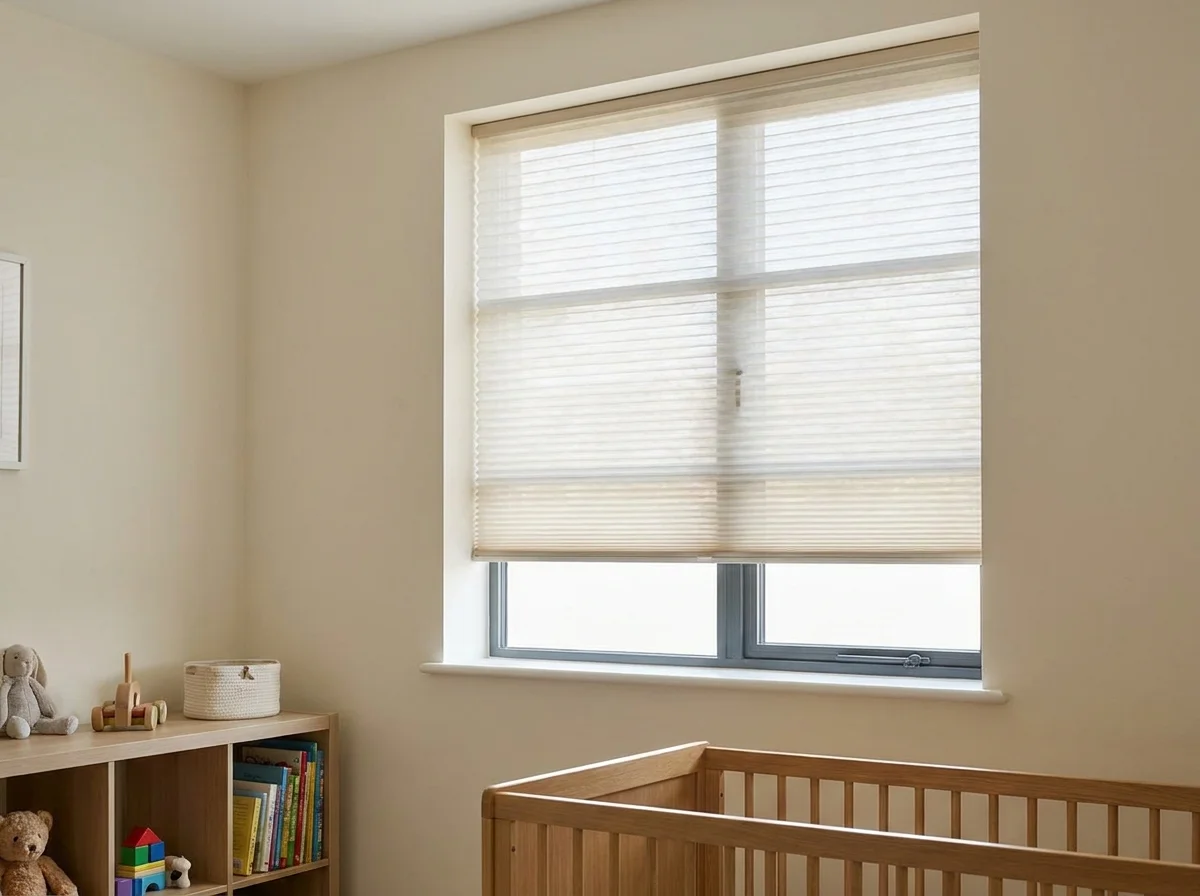 A cordless cellular honeycomb blind lowered halfway over a nursery window beside a wooden cot, the fabric's hexagonal cell rows visible against soft daylight