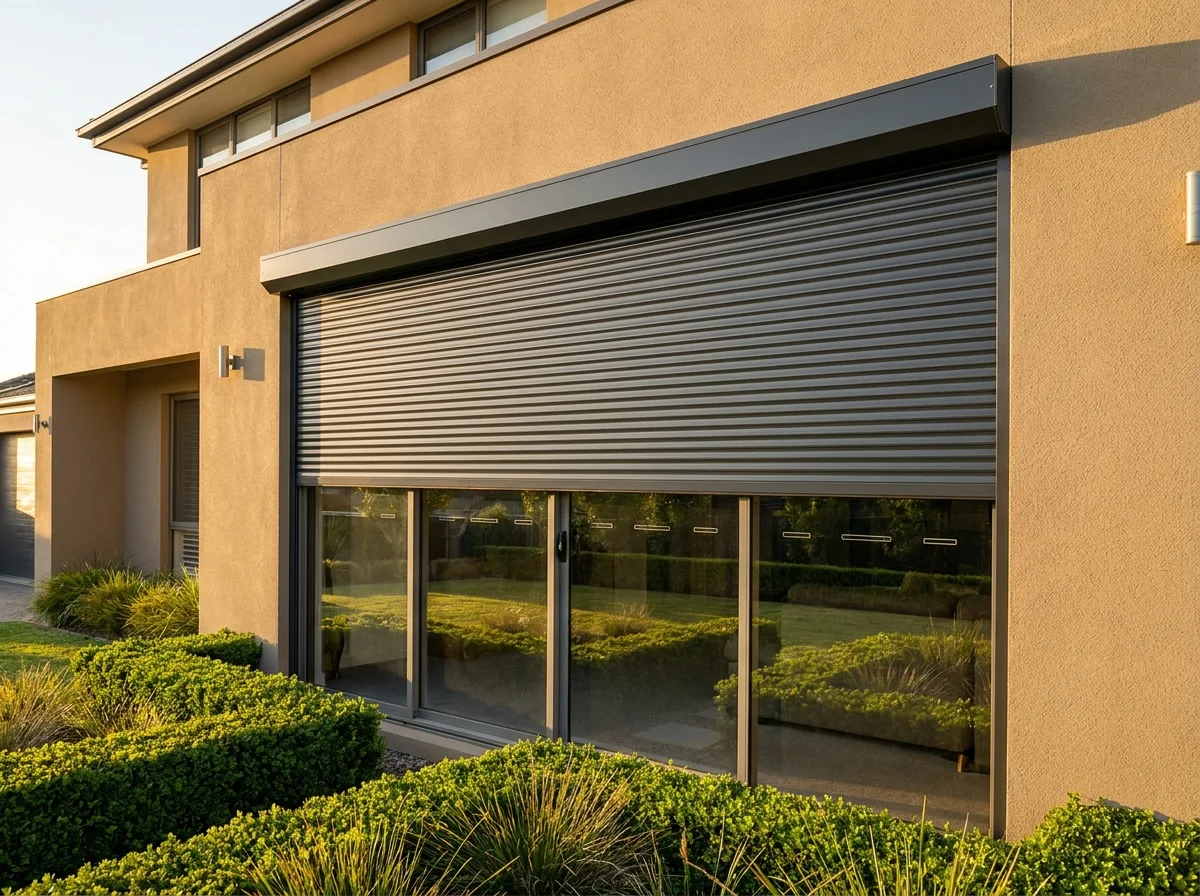 An external aluminium roller shutter rolled partway down over west-facing sliding glass doors on a Featherbrooke Estate home, stopping the afternoon sun before it reaches the glass