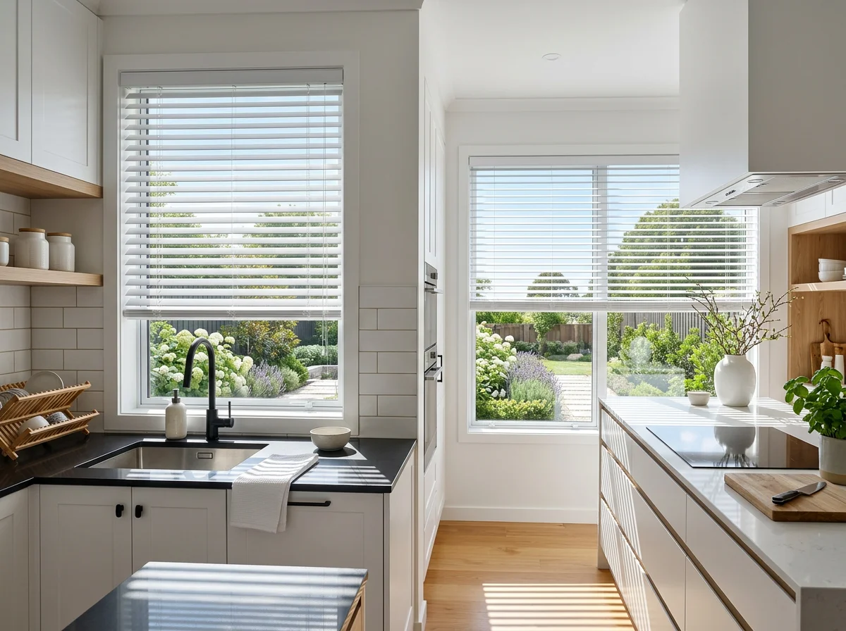 White aluminium venetian blinds with slats tilted half-open over kitchen windows, throwing bands of light across a countertop and garden view beyond