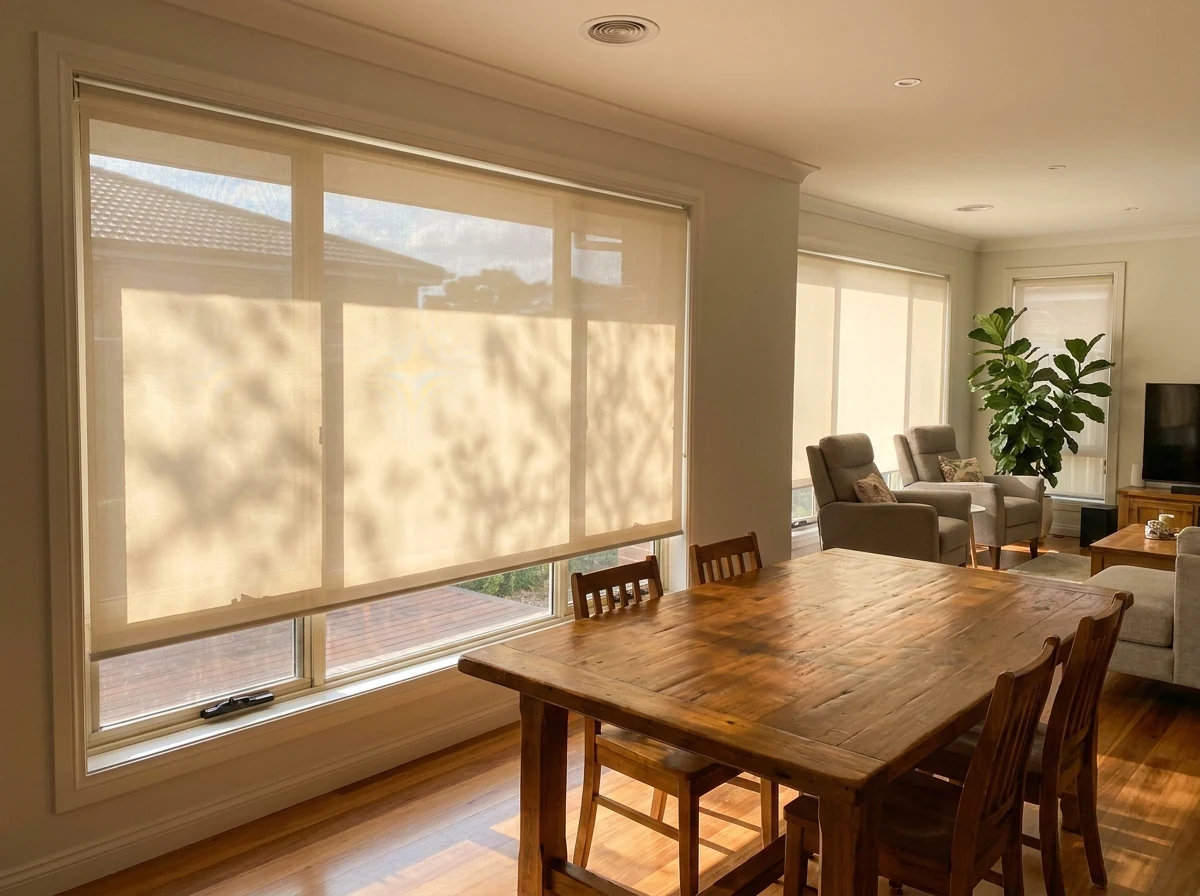 Sunscreen roller blind lowered over a dining-room window in a Featherbrooke Estate home