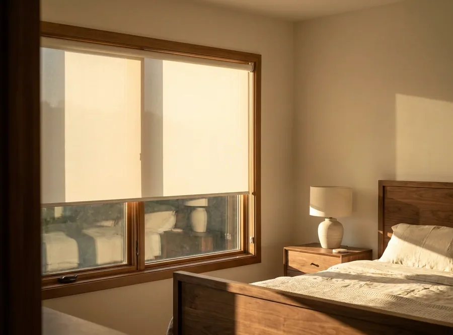 Blockout roller blind lowered over a bedroom window in a Featherbrooke Estate home