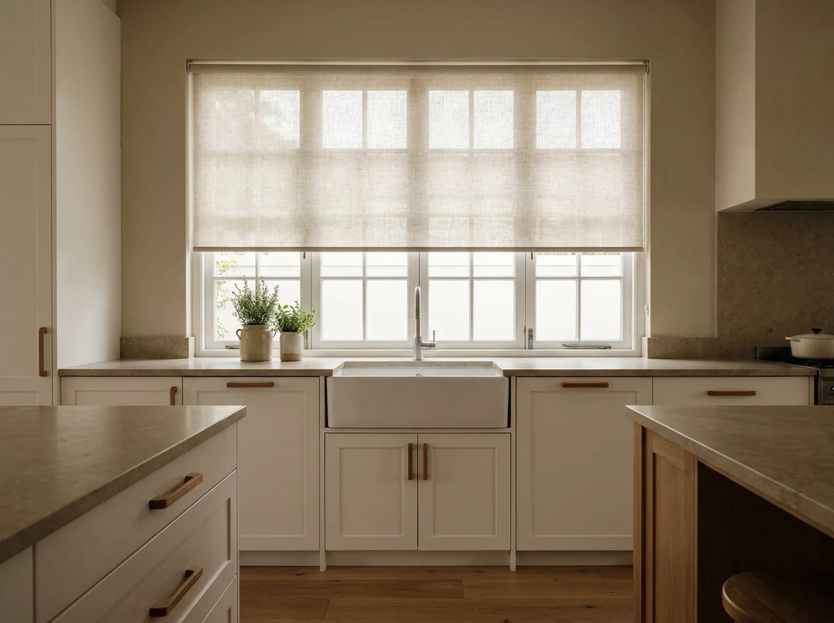 Sunscreen roller blind lowered over a kitchen window in a Northcliff family home