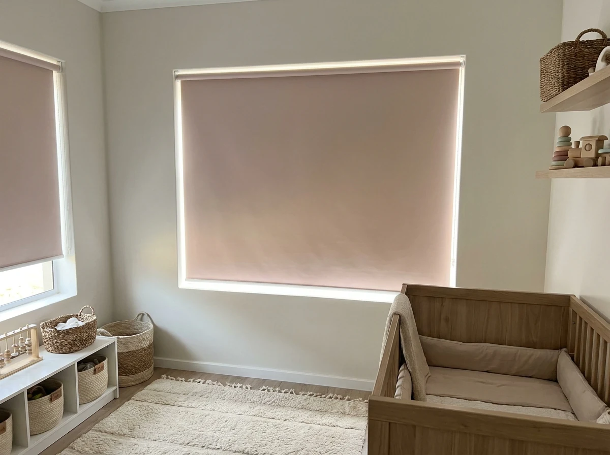Pastel-toned blockout roller blind lowered over a nursery window in a Ruimsig family home
